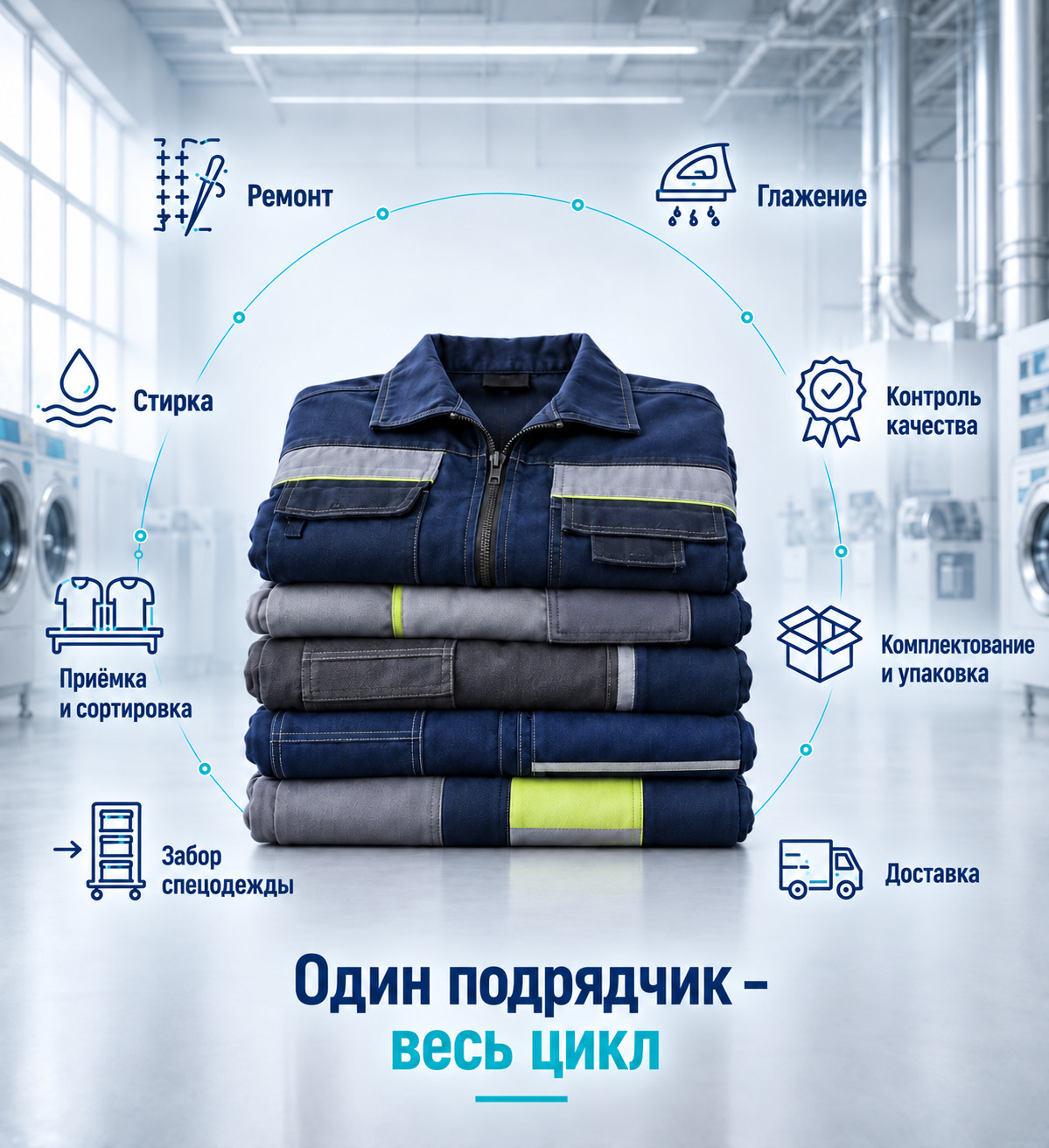 Комплексное обслуживание спецодежды АйКлин – от забора и сортировки до упаковки и доставки.